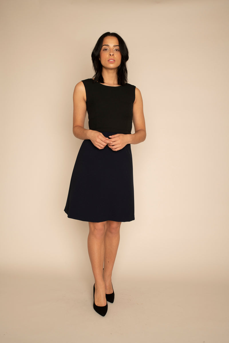 Black Sleeveless Eleanor Top with the Navy A-Line Victoria Skirt with our signature Careaux zip around the waist.