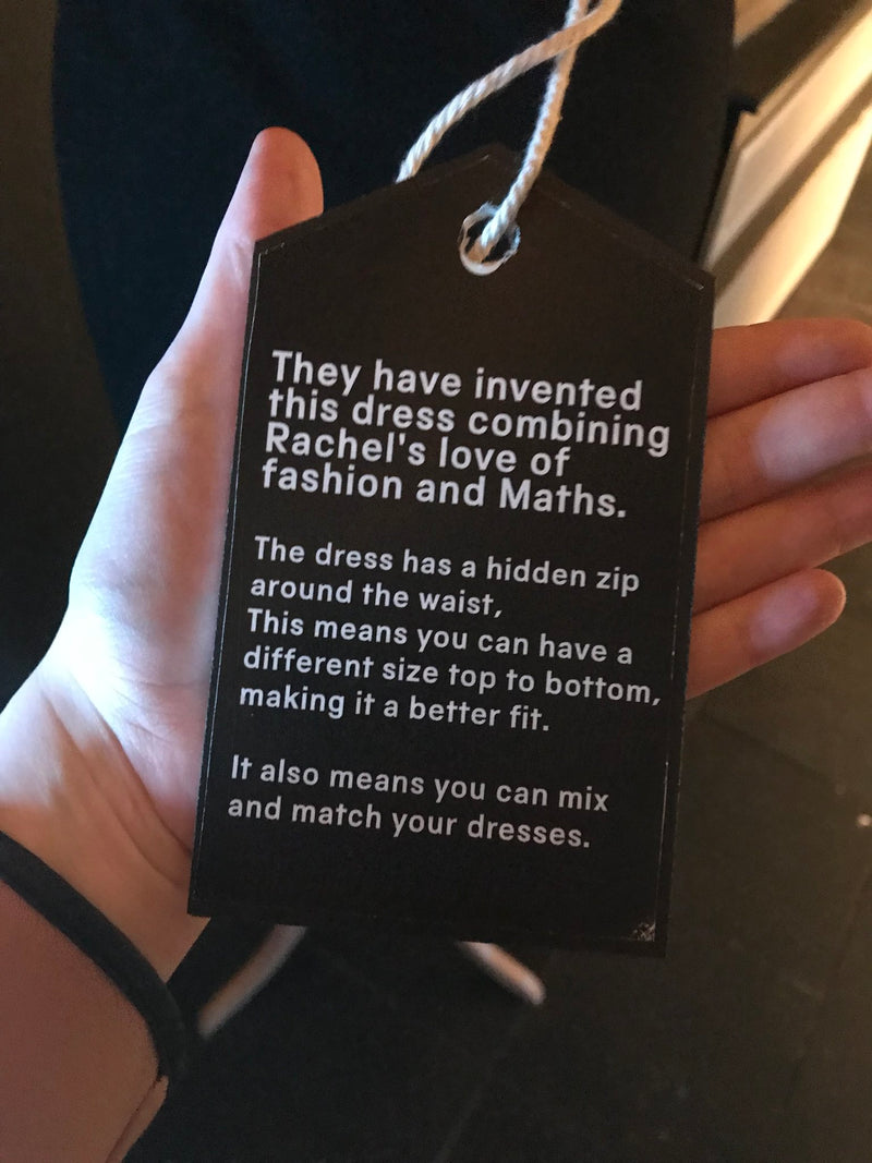 Label of the description of the Careaux dress- the dress has a hidden zip around the waist - this means you can have a different size top to bottom and also means you can mix and match your dresses.