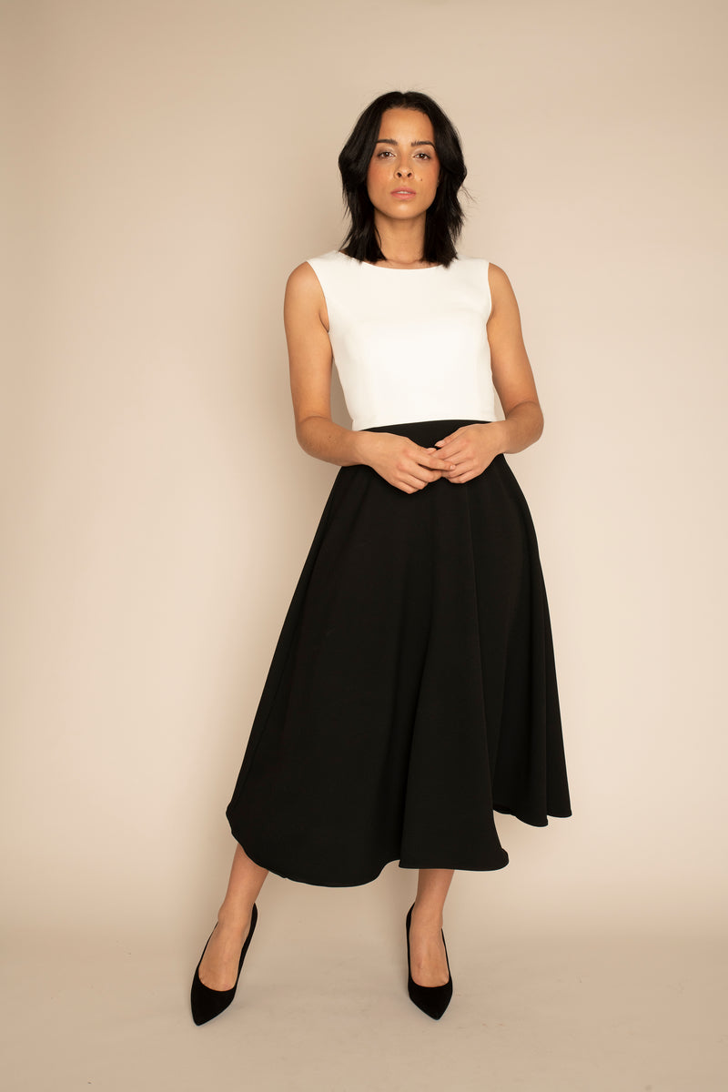 Ivory Sleeveless Eleanor Top with the Black  Midi Elizabeth Skirt with our signature Careaux zip around the waist.