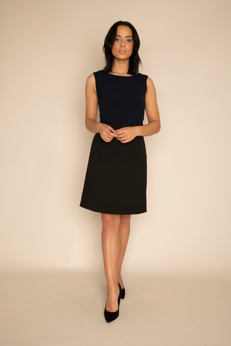 Navy Sleeveless Eleanor Top with the Black A-Line Victoria Skirt with our signature Careaux zip around the waist.