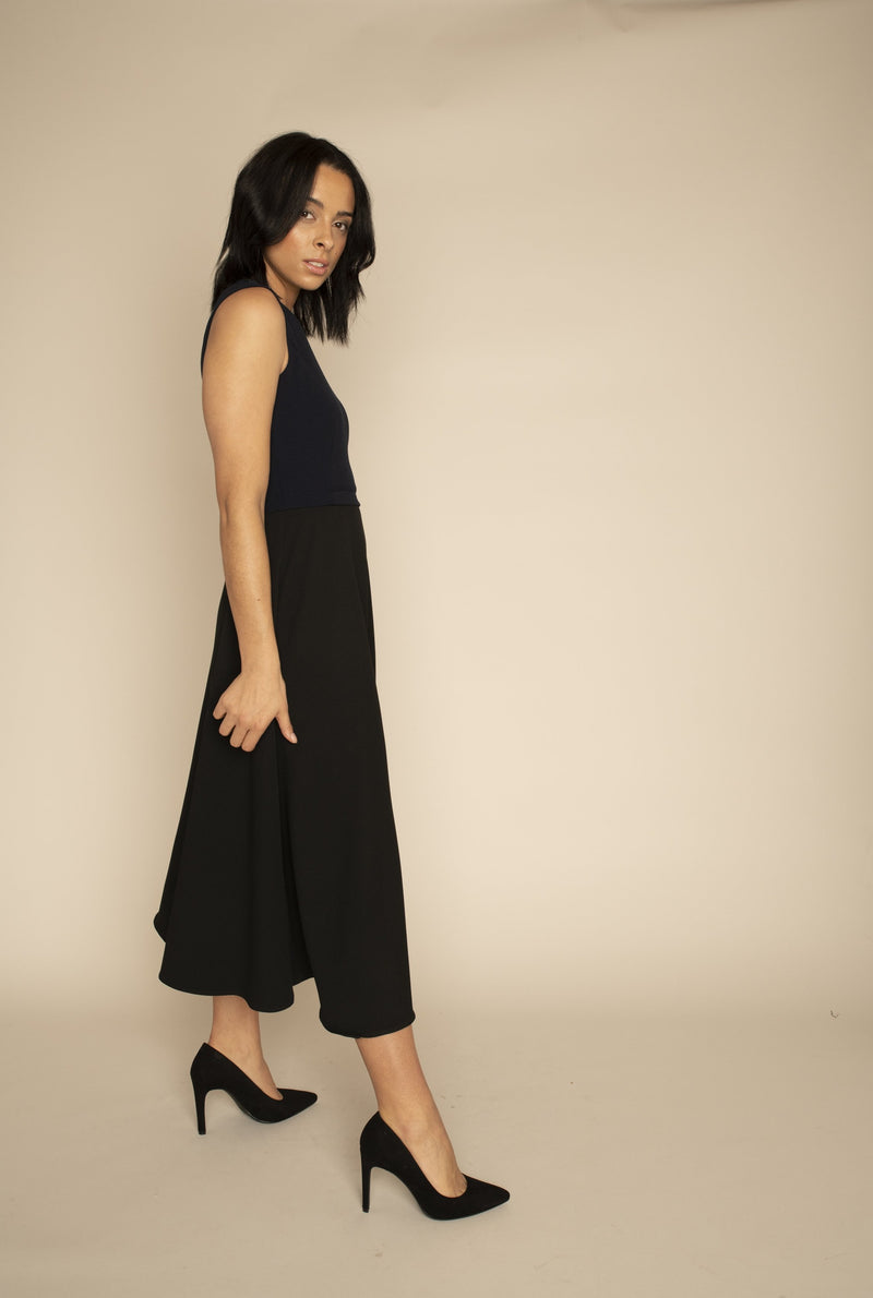 Navy Sleeveless Eleanor Top with the Black Midi Elizabeth Skirt with our signature Careaux zip around the waist.