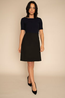Navy  Sleeved Catherine Top with the Black A-Line Victoria Skirt with our signature Careaux zip around the waist.