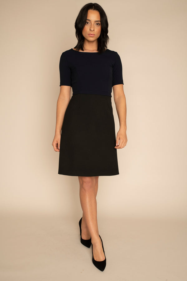 Navy  Sleeved Catherine Top with the Black A-Line Victoria Skirt with our signature Careaux zip around the waist.